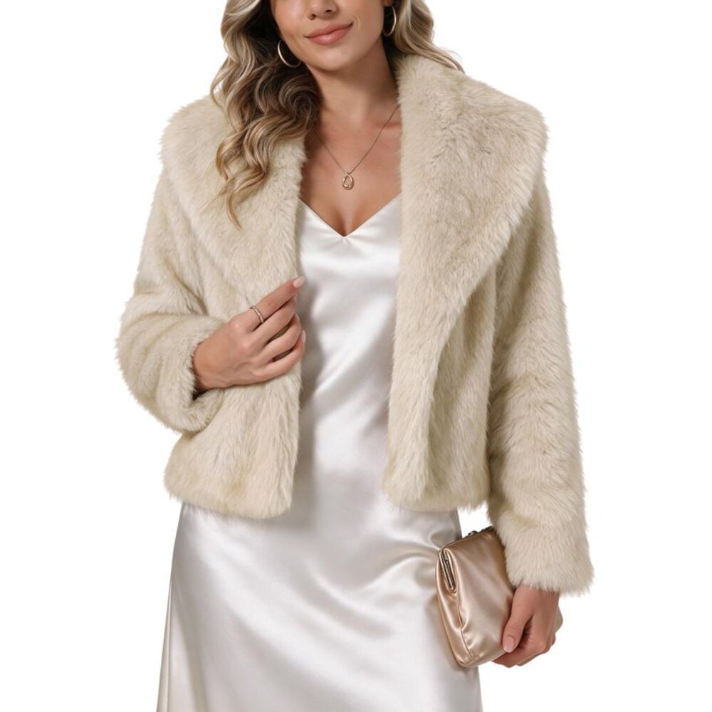 Women's Faux Fur Coat Lapel Fluffy Winter Outwear Short Crop Jacket Beige